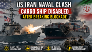 US Iran Naval Clash Escalates Cargo Ship Disabled After Breaking Blockade