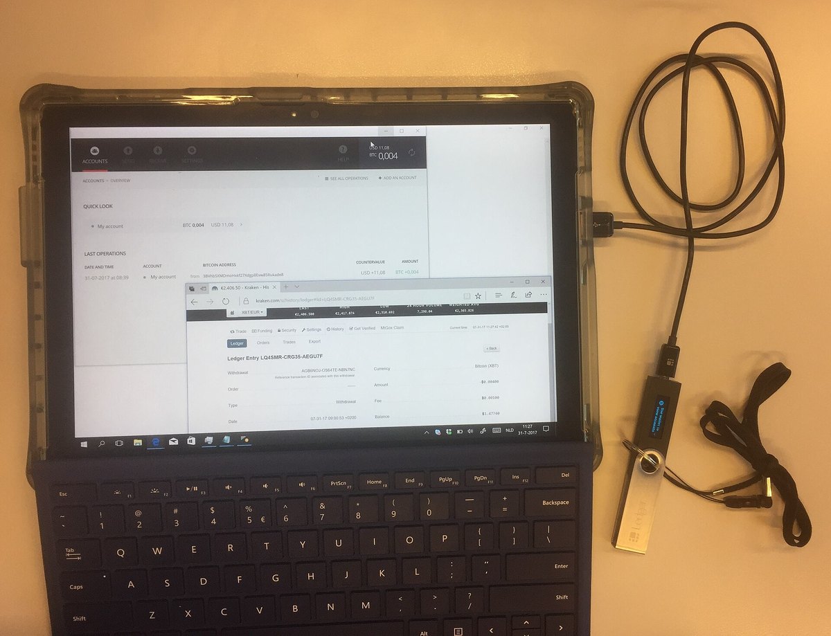 Bitcoin transaction shown on an exchange screen and a hardware wallet