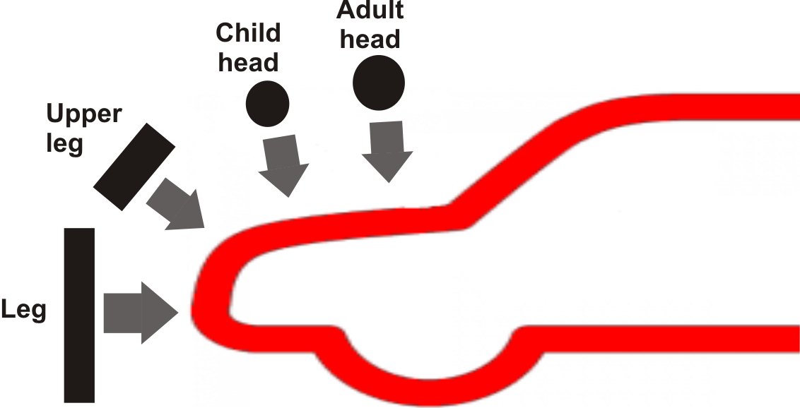 Pedestrian impact test diagram, illustrative context for vehicle safety ratings